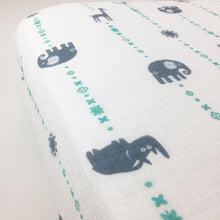 Load image into Gallery viewer, Blue Jungle Animals Muslin Fitted Crib Sheet
