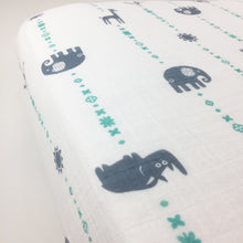 Load image into Gallery viewer, Blue Jungle Animals Muslin Fitted Crib Sheet