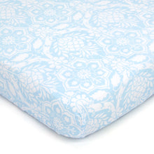 Load image into Gallery viewer, Blue Floral Muslin Crib Sheet