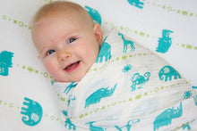 Load image into Gallery viewer, Double Layer Muslin Blanket 47"x47" (swaddling blanket or toddler blanket) - teal jungle animals