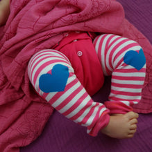 Load image into Gallery viewer, Pink Stripes Blue Hearts Baby Leg Warmers