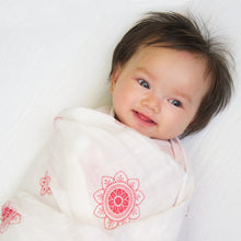 Load image into Gallery viewer, Swaddle Blanket: made with 100% Organic Cotton Muslin. (extra large 47"x47") RED Zen Flowers, india muslin wrap