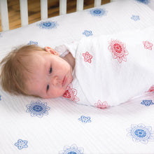 Load image into Gallery viewer, Swaddle Blanket: made with 100% Organic Cotton Muslin. (extra large 47"x47") RED Zen Flowers, india muslin wrap