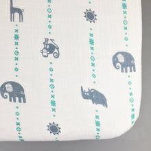 Load image into Gallery viewer, Blue Jungle Animals Muslin Fitted Crib Sheet
