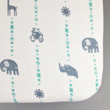 Load image into Gallery viewer, Blue Jungle Animals Muslin Fitted Crib Sheet