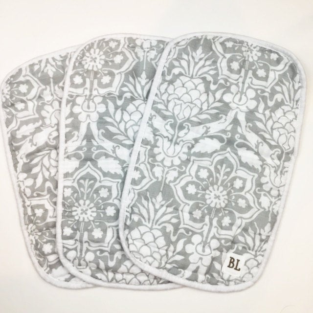3 pack Muslin Burp Cloths, Gray Floral