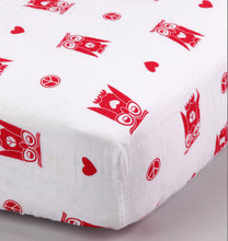 Load image into Gallery viewer, Peace & Love Owl Muslin Fitted Crib Sheet