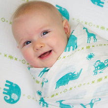 Load image into Gallery viewer, Double Layer Muslin Blanket 47"x47" (swaddling blanket or toddler blanket) - teal jungle animals