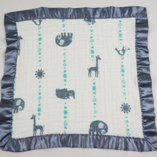 Load image into Gallery viewer, Small Satin Trimmed 2-layer Snuggle Blanket, Lovey (15"X15") - Blue Jungle Animals
