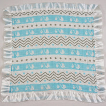 Load image into Gallery viewer, Small Satin Trimmed 2-layer Snuggle Blanket, Lovey (15"X15") - Stork Blue and Chevron Stripes