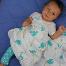 Load image into Gallery viewer, Double Layer Muslin Blanket 47"x47" (swaddling blanket or toddler blanket) - teal jungle animals
