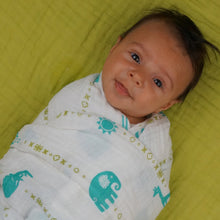 Load image into Gallery viewer, Double Layer Muslin Blanket 47"x47" (swaddling blanket or toddler blanket) - teal jungle animals