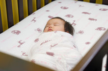 Load image into Gallery viewer, Purple & Pink Jungle Animals Fitted Muslin Crib Sheet