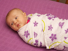 Load image into Gallery viewer, Teal and Purple Hawaiian 2 pack Swaddle Blankets: made with 100% Organic Cotton Muslin. (extra large 47"x47") muslin wrap