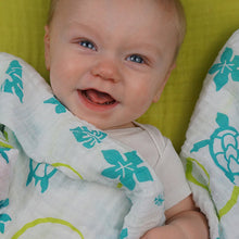 Load image into Gallery viewer, Teal and Purple Hawaiian 2 pack Swaddle Blankets: made with 100% Organic Cotton Muslin. (extra large 47"x47") muslin wrap