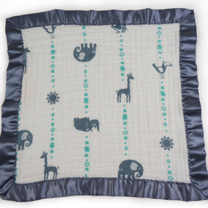 Small Satin Trimmed 2-layer Snuggle Blanket, Lovey (15"X15") - Blue Jungle Animals
