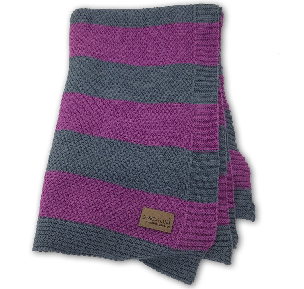 Knit Baby Blanket - Plum and Gray Stripes