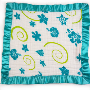 Small Satin Trimmed 2-layer Snuggle Blanket, Lovey (15"X15") - Teal Hawaiian