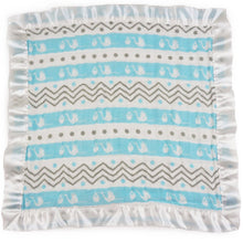 Load image into Gallery viewer, Small Satin Trimmed 2-layer Snuggle Blanket, Lovey (15"X15") - Stork Blue and Chevron Stripes