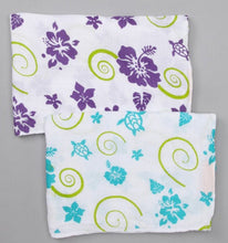 Load image into Gallery viewer, Teal and Purple Hawaiian 2 pack Swaddle Blankets: made with 100% Organic Cotton Muslin. (extra large 47"x47") muslin wrap