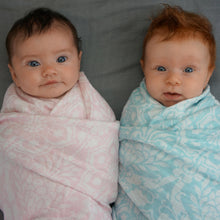 Load image into Gallery viewer, Blue Floral Satin Trimmed Muslin Swaddle Blanket