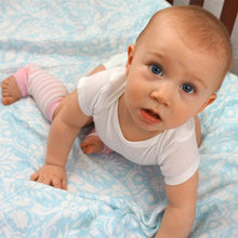 Load image into Gallery viewer, Blue Floral Satin Trimmed Muslin Swaddle Blanket