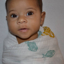 Load image into Gallery viewer, Teal Goldfish Muslin Swaddle Blanket: made with 100% Organic Cotton Muslin. (extra large 47"x47")