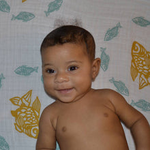 Load image into Gallery viewer, Teal Goldfish Muslin Swaddle Blanket: made with 100% Organic Cotton Muslin. (extra large 47"x47")