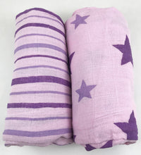 Load image into Gallery viewer, Star and Stripes Purple Muslin Swaddle Set (2 pack of blankets) Light weight guaze style wrap