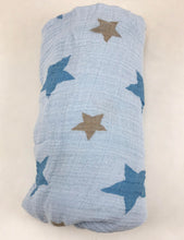 Load image into Gallery viewer, Star and Stripes Blue Muslin Swaddle Set (2 pack of blankets) Light weight guaze style wrap