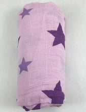 Load image into Gallery viewer, Star and Stripes Purple Muslin Swaddle Set (2 pack of blankets) Light weight guaze style wrap