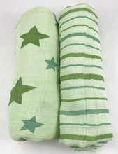 Load image into Gallery viewer, Star and Stripes Green Muslin Swaddle Set (2 pack of blankets) Light weight guaze style wrap