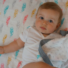 Load image into Gallery viewer, Feathers & Arrows Baby Blanket - 3 layers of soft muslin, bamboo/cotton blend. Great for swaddling, nursing cover, travel blanket and more