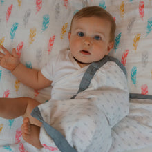 Load image into Gallery viewer, Feathers & Arrows Baby Blanket - 3 layers of soft muslin, bamboo/cotton blend. Great for swaddling, nursing cover, travel blanket and more