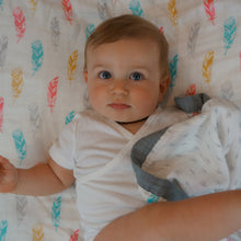 Load image into Gallery viewer, Feathers & Arrows Baby Blanket - 3 layers of soft muslin, bamboo/cotton blend. Great for swaddling, nursing cover, travel blanket and more