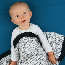 Load image into Gallery viewer, Hello Baby Blanket - 3 layers of soft muslin, made from bamboo/cotton blend. Great for swaddling, nursing cover, travel blanket and more