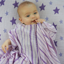 Load image into Gallery viewer, Star and Stripes Purple Muslin Swaddle Set (2 pack of blankets) Light weight guaze style wrap