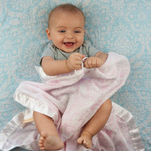 Load image into Gallery viewer, Pink Floral Satin Trimmed Muslin Swaddle Blanket  (47"X47")