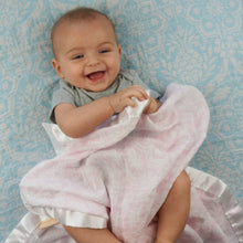Load image into Gallery viewer, Pink Floral Satin Trimmed Muslin Swaddle Blanket  (47"X47")