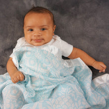 Load image into Gallery viewer, Blue Floral Satin Trimmed Swaddle Blanket  (47"X47")