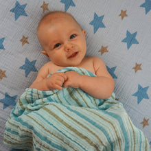 Load image into Gallery viewer, Star and Stripes Blue Muslin Swaddle Set (2 pack of blankets) Light weight guaze style wrap