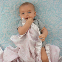 Load image into Gallery viewer, Pink Floral Satin Trimmed Muslin Swaddle Blanket  (47"X47")