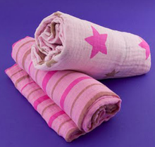 Load image into Gallery viewer, Star and Stripes Pink Muslin Swaddle Set (2 pack of blankets) Light weight guaze style wrap
