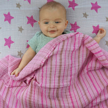 Load image into Gallery viewer, Star and Stripes Pink Muslin Swaddle Set (2 pack of blankets) Light weight guaze style wrap
