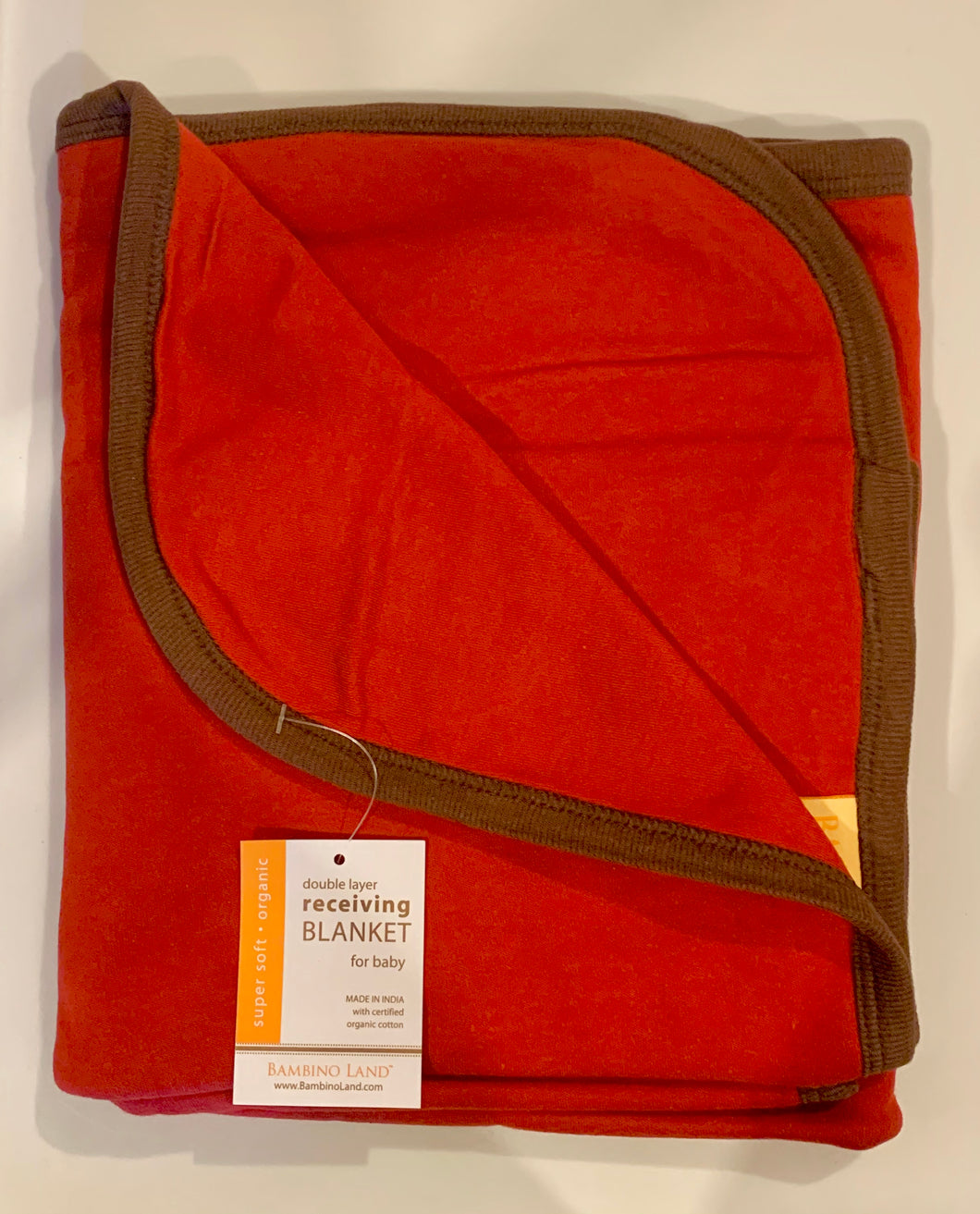 Red with Brown Trim, Double Layer Cotton Receiving Blanket