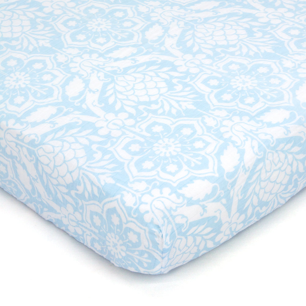 Blue Floral Muslin Crib Sheet
