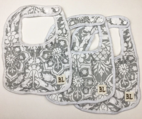 3 pack Muslin Bibs, Gray Floral