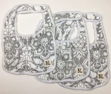 Load image into Gallery viewer, 3 pack Muslin Bibs, Gray Floral

