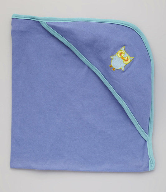 Hooded Bath Blanket - Deep Blue w/Aqua Trim with Owl embroidery