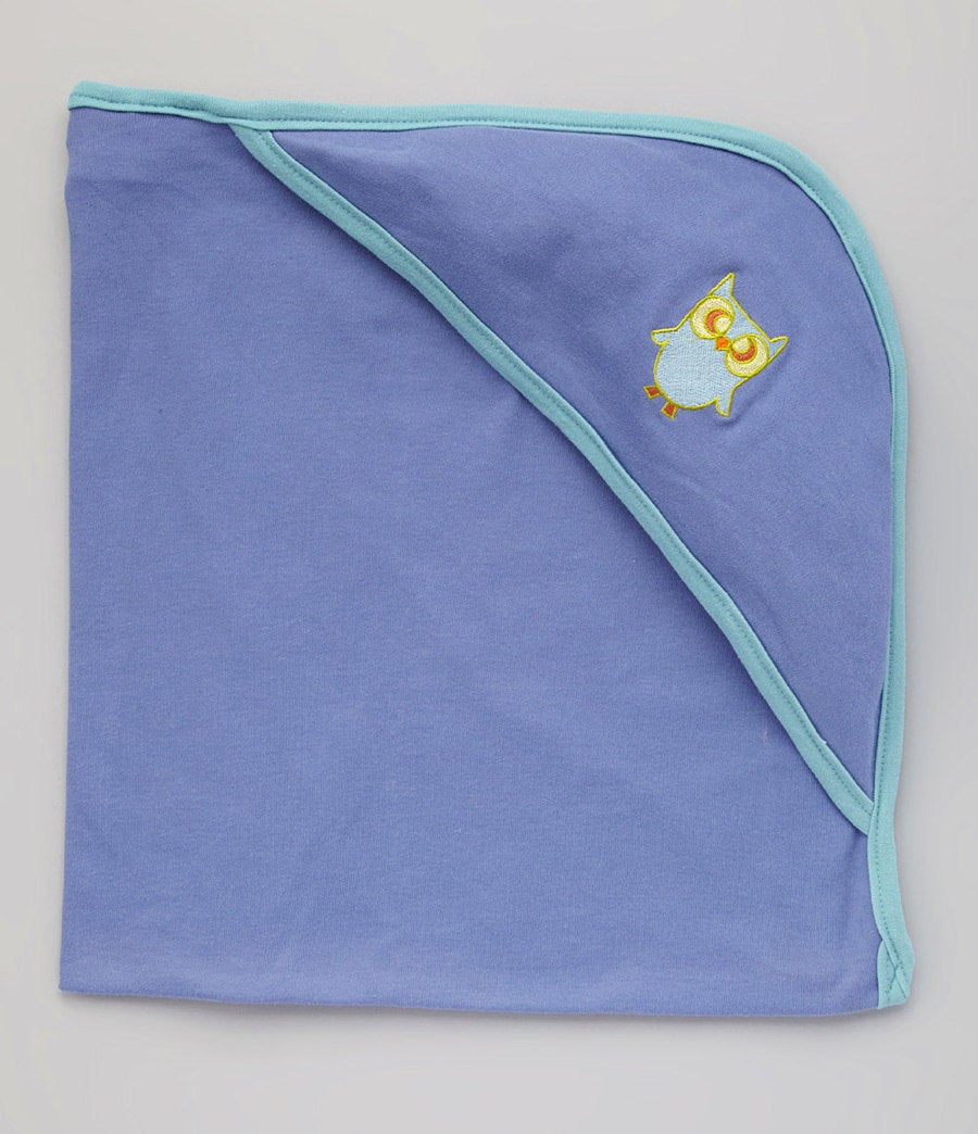Hooded Bath Blanket - Deep Blue w/Aqua Trim with Owl embroidery